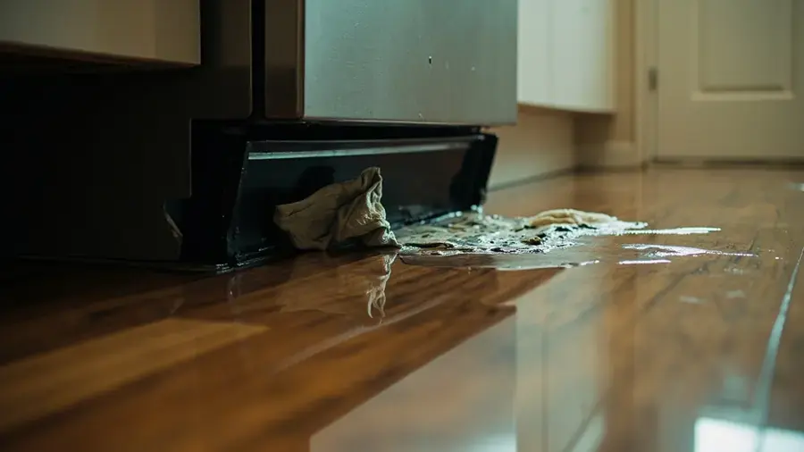 Water spreading across a hardwood kitchen floor from under a dishwasher, appliance leak in Gresham, OR