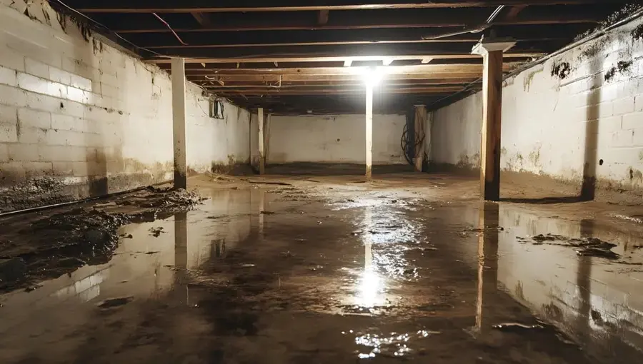 Muddy water standing across an unfinished basement floor, basement flooding in Gresham, OR