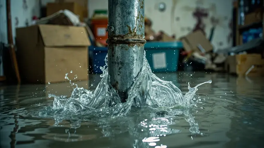 Water spraying from a burst pipe into a flooded storage room, burst pipe cleanup in Gresham, OR