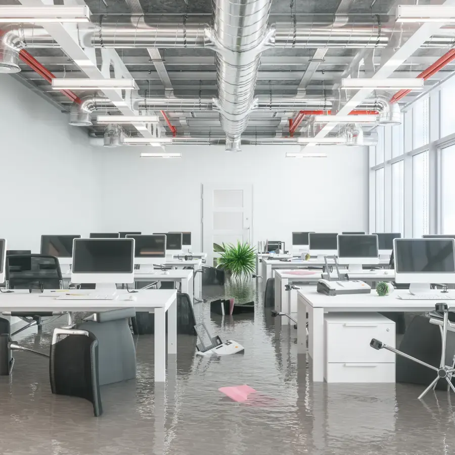 Standing water across an open-plan office floor, commercial water damage in Gresham, OR