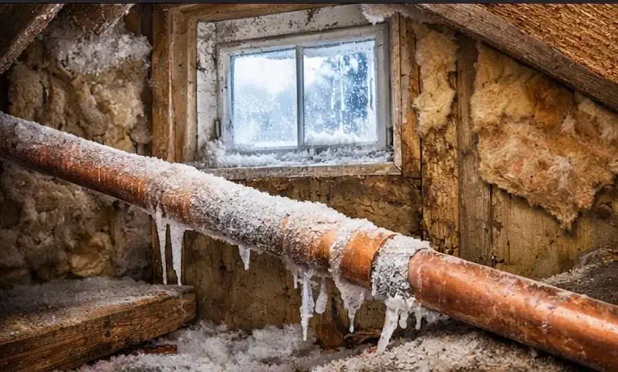 Copper supply pipe hung with icicles beside a frosted basement window, frozen pipe in Gresham, OR
