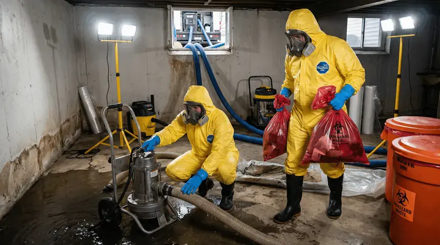 Technicians in protective suits pumping out a contaminated basement, sewage backup cleanup in Gresham, OR