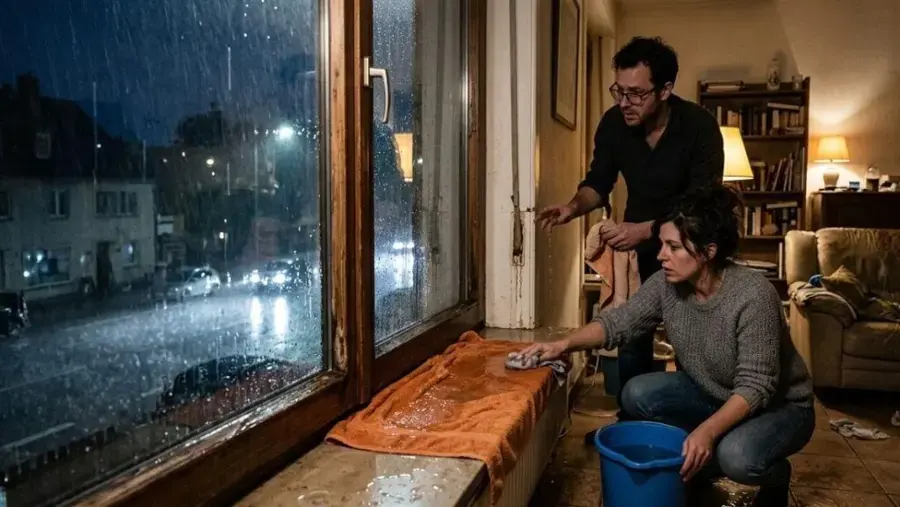 Homeowners wiping rain water off a leaking window sill during a night storm, storm water damage in Gresham, OR