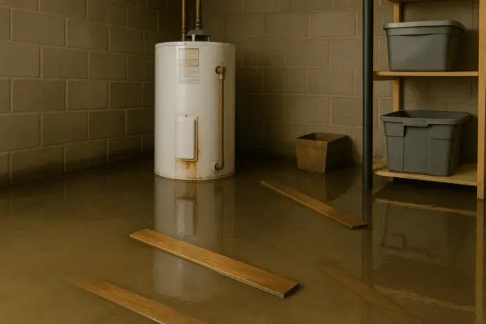 Water heater standing in water that flooded a storage room, water heater failure in Gresham, OR